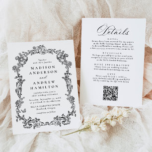 Invitation Élégante robe de mariée noire victorienne florale 