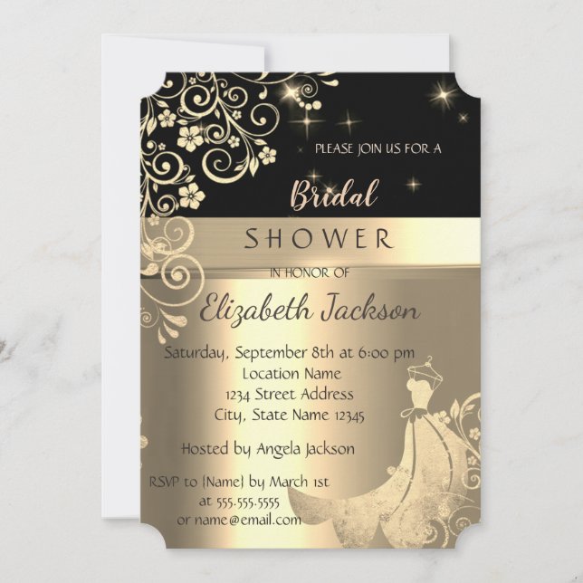 Invitation Élégante Robe Fleurs Noires, Or Bridal Shower (Devant)