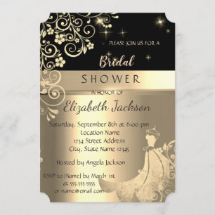 Invitation Élégante Robe Fleurs Noires, Or Bridal Shower