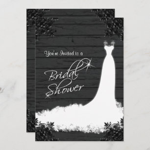 Invitation Élégante robe nuptiale sur bois noir rustique