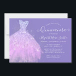Invitation Elégante robe Parties scintillant en argent violet<br><div class="desc">Moderne Élégant Violet Violet Argent Parties scintillant Étincelle Robe Florale Gown Quinceanera 15e anniversaire Invitation</div>