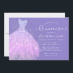 Invitation Elégante robe Parties scintillant en argent violet<br><div class="desc">Moderne Élégant Violet Violet Argent Parties scintillant Étincelle Robe Florale Gown Quinceanera 15e anniversaire Invitation</div>
