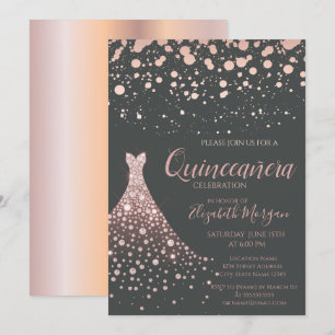 Invitation Élégante robe Rose en diamants or Quinceañera