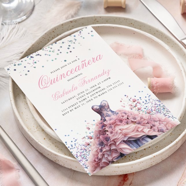 Invitation Élégante robe rose florale Quinceanera (Créateur téléchargé)