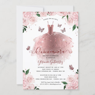 Invitation Elégante robe Rose or FloralQuinceañera