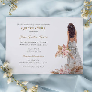 Invitation Élégante robe Rose Pampas Herbe Quinceanera