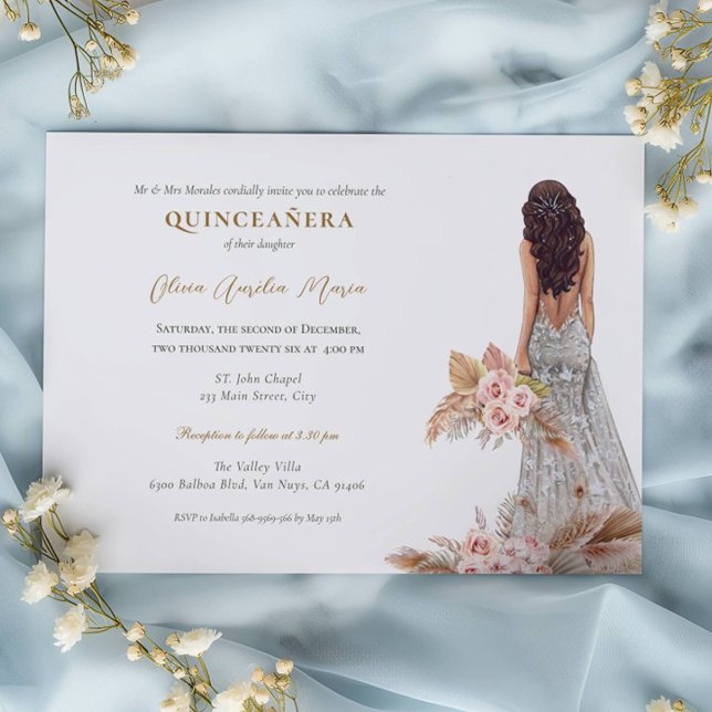 Invitation Élégante robe Rose Pampas Herbe Quinceanera (Créateur téléchargé)