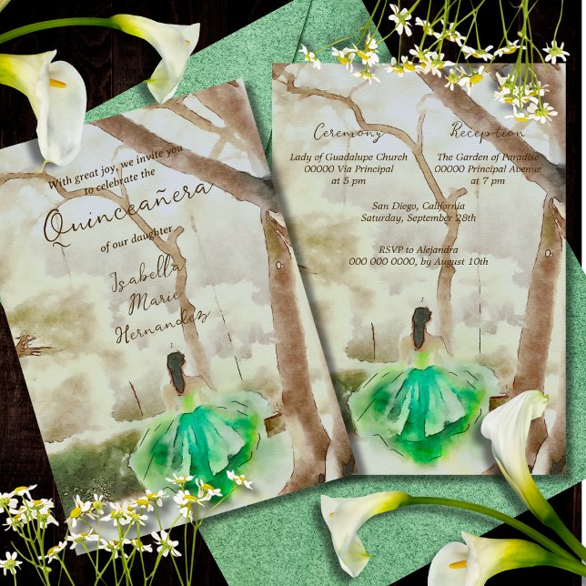 Invitation Elégante robe verte Aquarelle Jardin Quinceañera (Créateur téléchargé)
