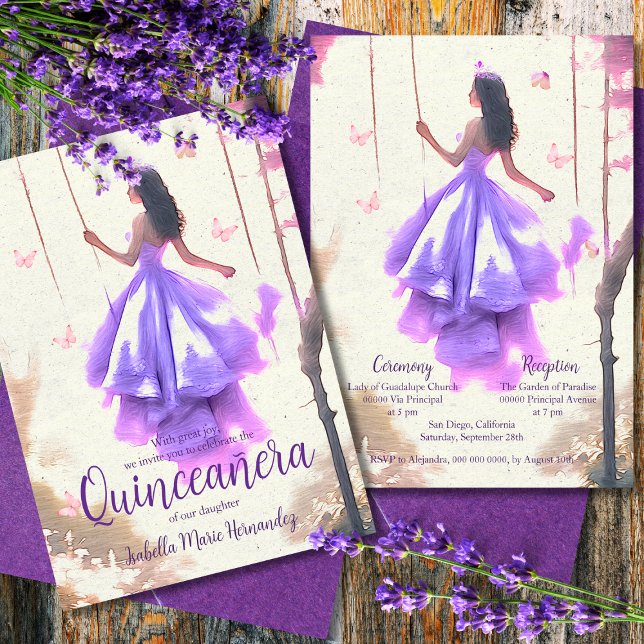 Invitation Elégante robe violette Dreamy Aquarelle Quinceañer (Créateur téléchargé)