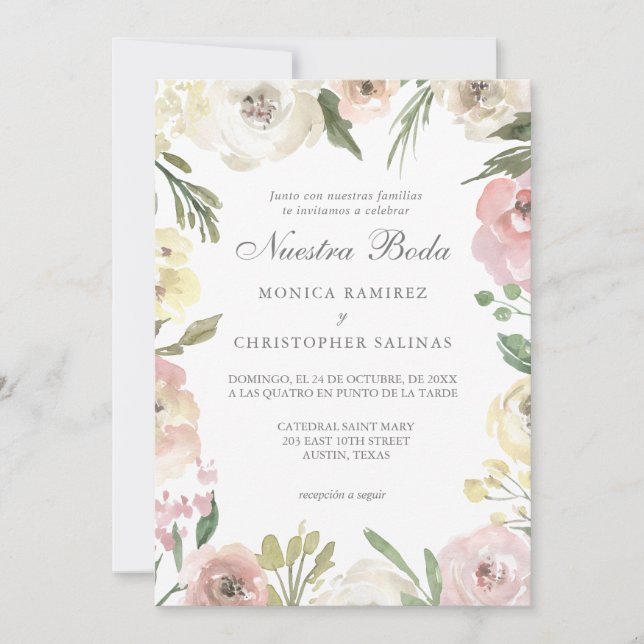 Invitation Elegante Rosado Flores Boda Mariage espagnol (Devant)