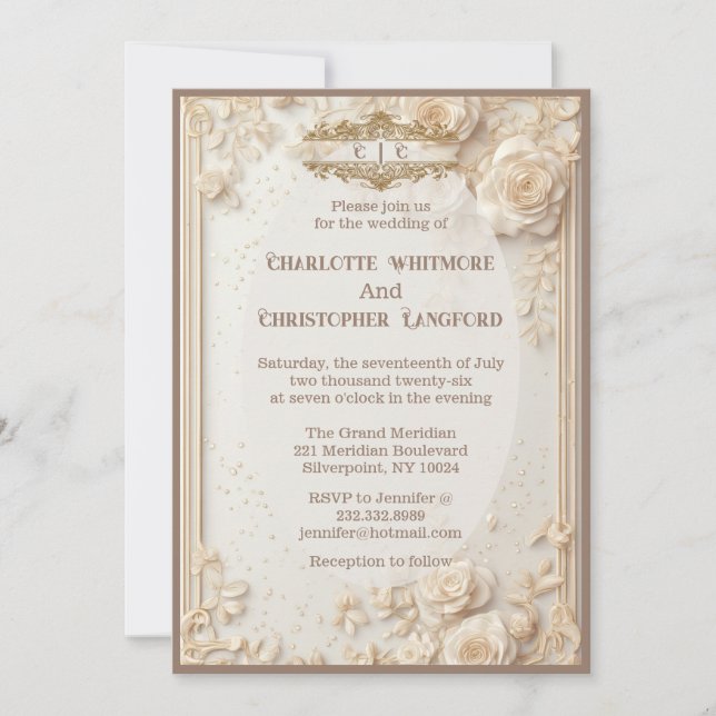 Invitation Élégante Rose Blanche Décoration Florale Crème Mar (Devant)