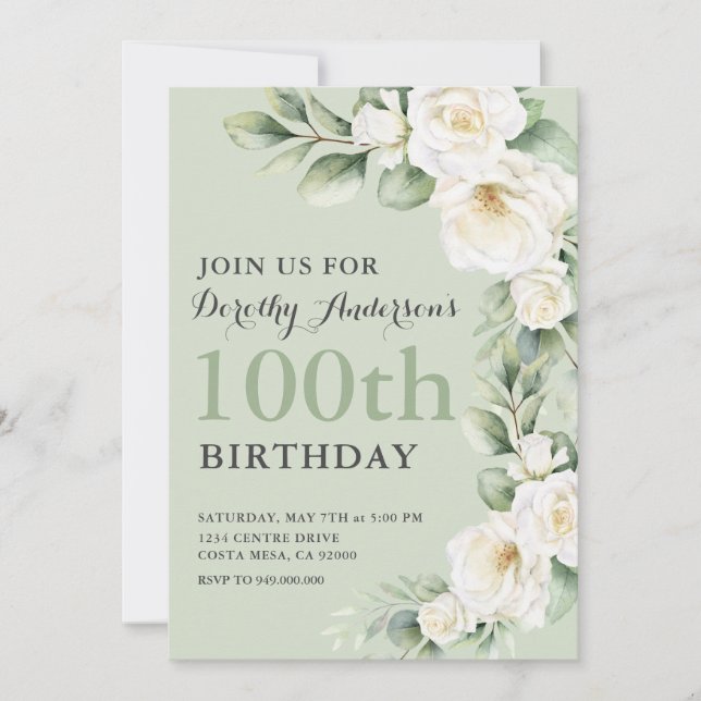 Invitation Élégante Rose blanche Eucalyptus 100e BIrthday Par (Devant)