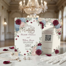 Élégante Rose Bourgogne Moderne Code QR Mariage