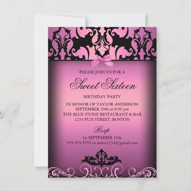 Invitation élégante rose damassée pour une fête de (Devant)