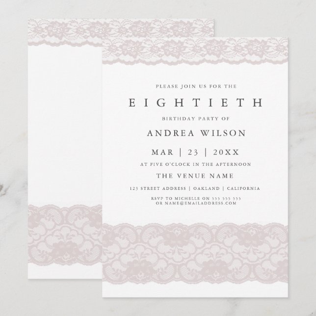 Invitation élégante rose en dentelle pour 80e anni (Devant / Derrière)