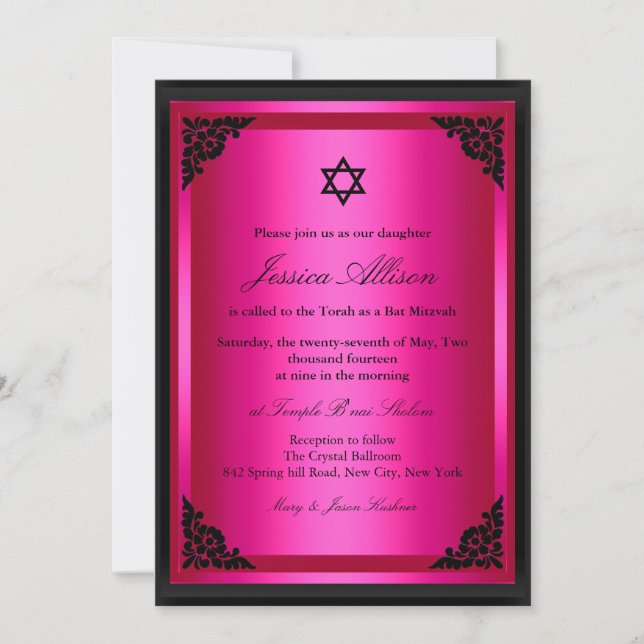 Invitation élégante rose et noire pour Bat Mitzvah (Devant)