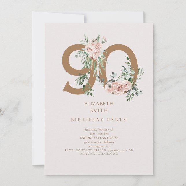 Invitation élégante rose et or pour 90e anniversai (Devant)