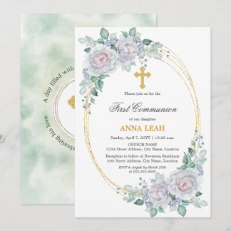 Invitation Élégante Rose Florale Croix d'or première communio