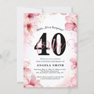 Invitation Elégante rose florale & Parties scintillant 40e fê