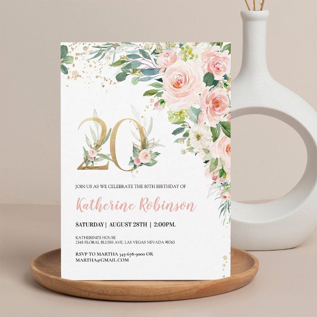 Invitation élégante rose florale pour ses 20 ans (Créateur téléchargé)