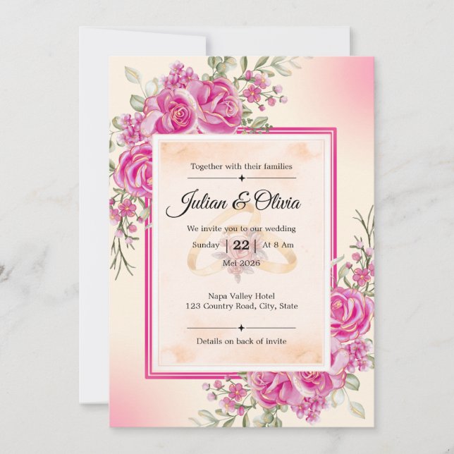Invitation Élégante rose fuchsia mariage floral  (Devant)
