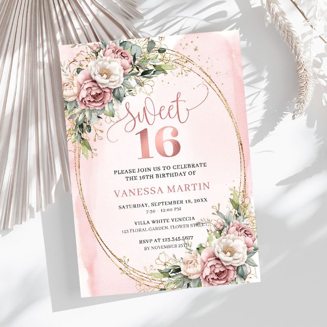 Invitation élégante Rose Gold Florale Eucalyptus S (Elegant Rose Gold Floral Eucalyptus Sweet 16 Invite)