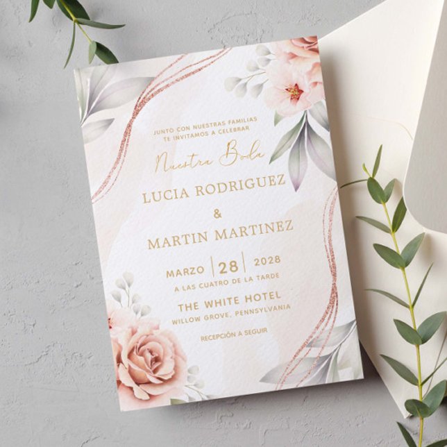 Invitation Élégante Rose Gold Florale Nuestra Boda (Créateur téléchargé)