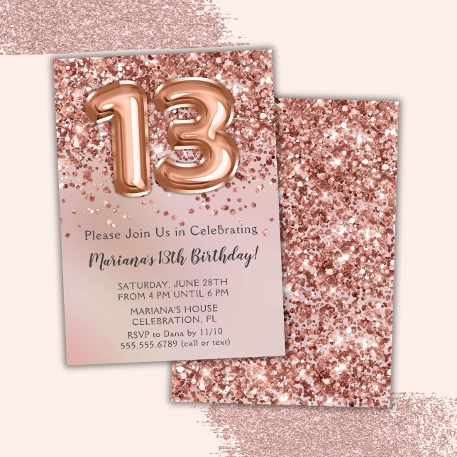 Invitation Élégante Rose Gold Kids Girl 13ème anniversaire fê (Créateur téléchargé)
