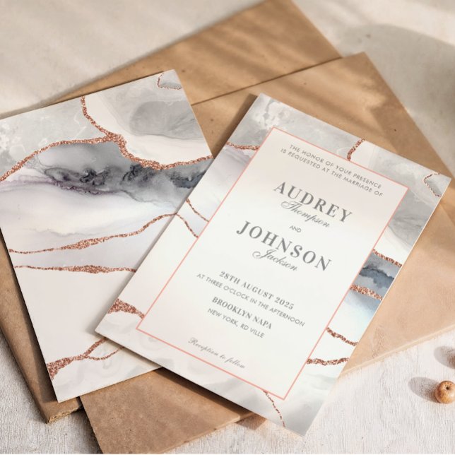 Invitation Élégante Rose Gold Mariage Marbre Argent (Créateur téléchargé)