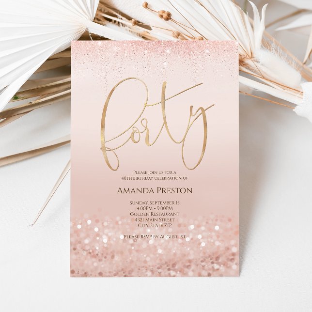 Invitation élégante rose gold pour ses 40 ans pour (Elegant Rose Gold 40th Birthday Invitation)