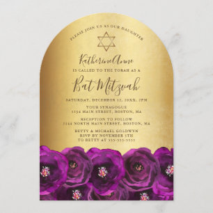 Invitation Elégante Rose Magenta Florale Or Bat Mitzvah