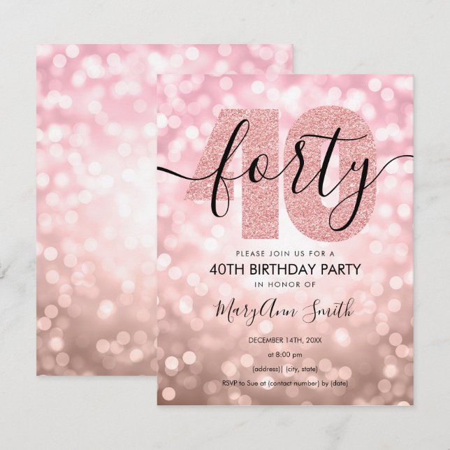 Invitation Elégante Rose moderne Gold 40th Birthday Party (Devant / Derrière)
