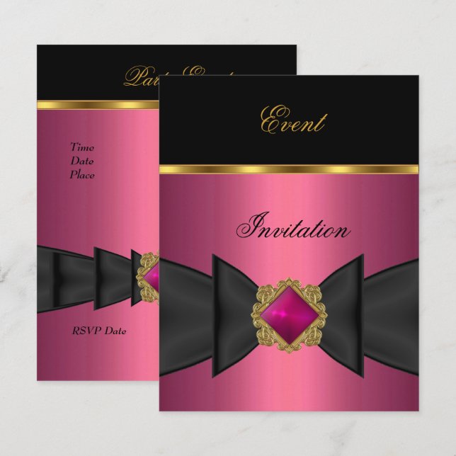 Invitation élégante rose noir or nœud bijou (Devant / Derrière)