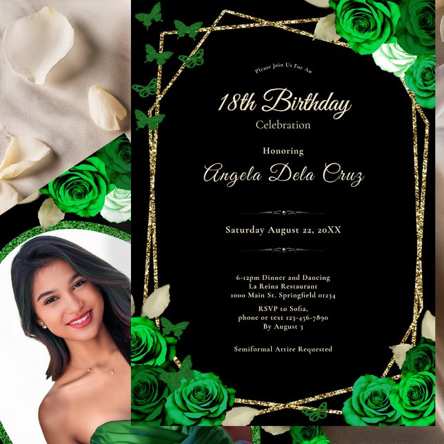 Invitation Élégante Rose noire or vert Début 18 ans  (Créateur téléchargé)