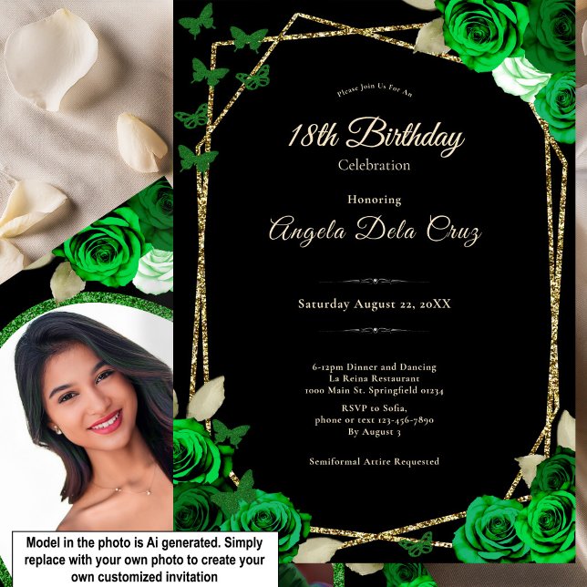 Invitation Élégante Rose noire or vert Début 18 ans  (Créateur téléchargé)