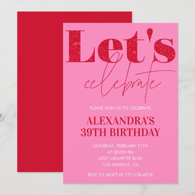 Invitation élégante rose pour 39ème anniversaire P (Devant / Derrière)