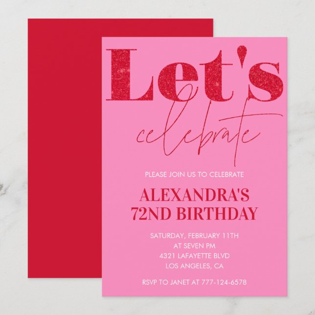 Invitation élégante rose pour 72e anniversaire Pai (Devant / Derrière)