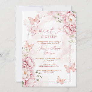 Invitation élégante rose pour Sweet 16 avec papill