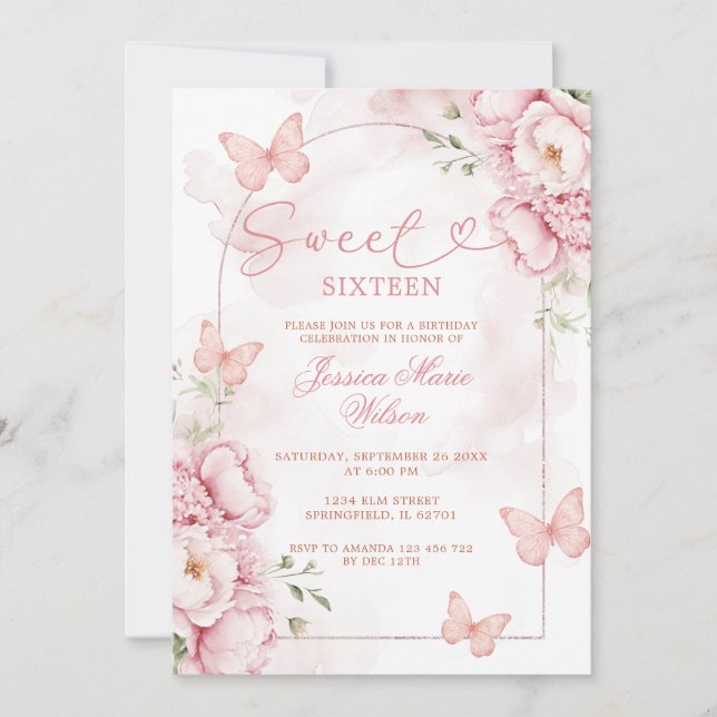 Invitation élégante rose pour Sweet 16 avec papill (Devant)
