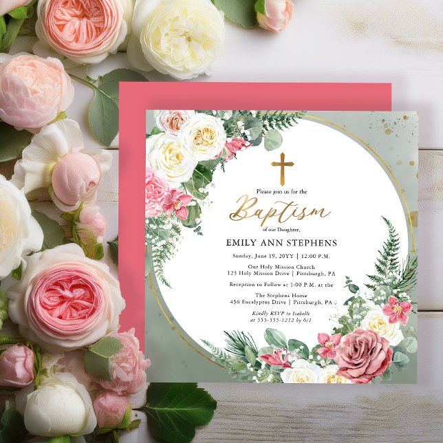 Invitation Élégante rose rose |Baptême de fille à cadre fleur (Elegant Pink Rose and Gold Tone Frame Baptism Invitation - Print | Digital Download)