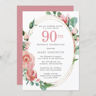 Invitation Elégante Rose Rose Floral 90e fête d'anniversaire