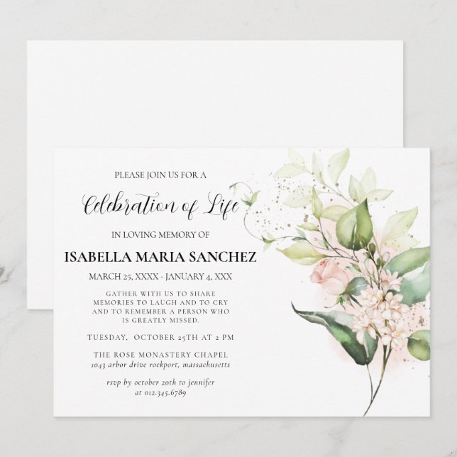 Invitation Élégante Rose rose Floral Célébration de la vie (Devant / Derrière)