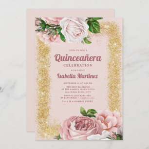 Invitation Elégante Rose rose Floral Parties scintillant or Q