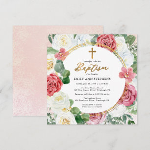 Invitation Élégante rose rose   Gold Floral Frame Girl Baptis