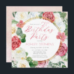 Invitation Élégante rose rose | Gold Frame 21e fête d'anniver<br><div class="desc">Elégante et classe rose et blanc rose floral avec sauge vert eucalyptus verdure "fête d'anniversaire" conception de texte avec lignes géométriques dorées cadre circulaire.</div>