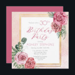 Invitation Élégante rose rose | Gold Frame 30th Birthday Part<br><div class="desc">Fleur rose et blanche élégante et classe,  avec un design de texte de script "fête d'anniversaire" vert sage,  avec des lignes géométriques de couleur or cadre rectangulaire.</div>