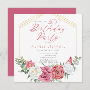 Invitation Élégante rose rose   Gold Frame 40th Birthday Part