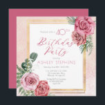 Invitation Élégante rose rose | Gold Frame 40th Birthday Part<br><div class="desc">Fleur rose et blanche élégante et classe,  avec un design de texte de script "fête d'anniversaire" vert sage,  avec des lignes géométriques de couleur or cadre rectangulaire.</div>