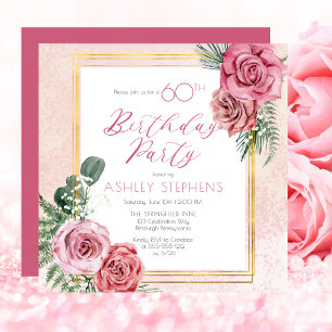 Invitation Élégante rose rose  Gold Frame 60e fête d'annivers