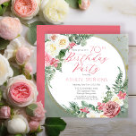 Invitation Élégante rose rose | Gold Frame 70th Birthday Part<br><div class="desc">Fleur rose et blanche élégante et élégante,  vert sage,  vert vert,  design de texte "Anniversaire" avec lignes géométriques dorées,  cadre circulaire.</div>
